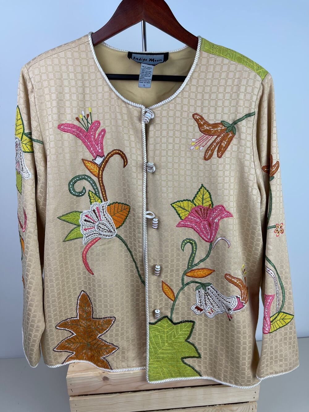 Indigo Moon QVC Khaki Floral Embroidered Jacket Womens Medium